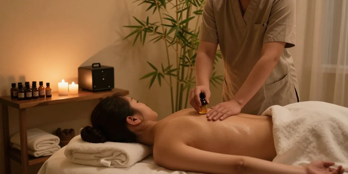 Relaxing scene of a 부평출장마사지 session with soothing ambiance and essential oils.
