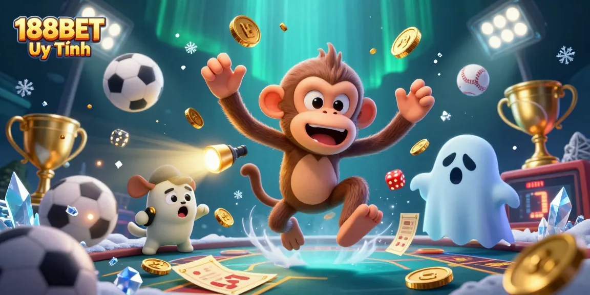 Experience thrilling gaming adventures at 188BET Uy Tín with gems and golden coins amidst casino excitement.