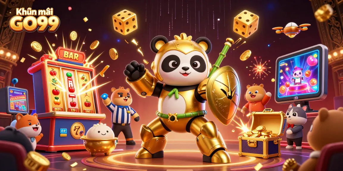 Experience thrilling Khuyến mãi GO99 with golden panda and jackpot explosions in this vibrant illustration.