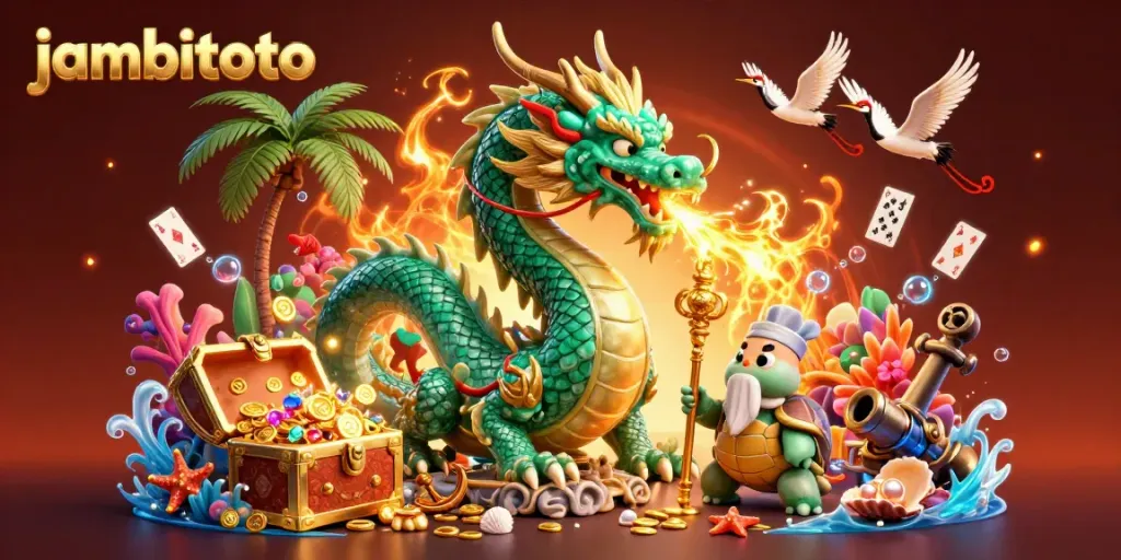 Experience the thrill of jambitoto with a majestic dragon and lucky symbols in a dynamic casino scene.