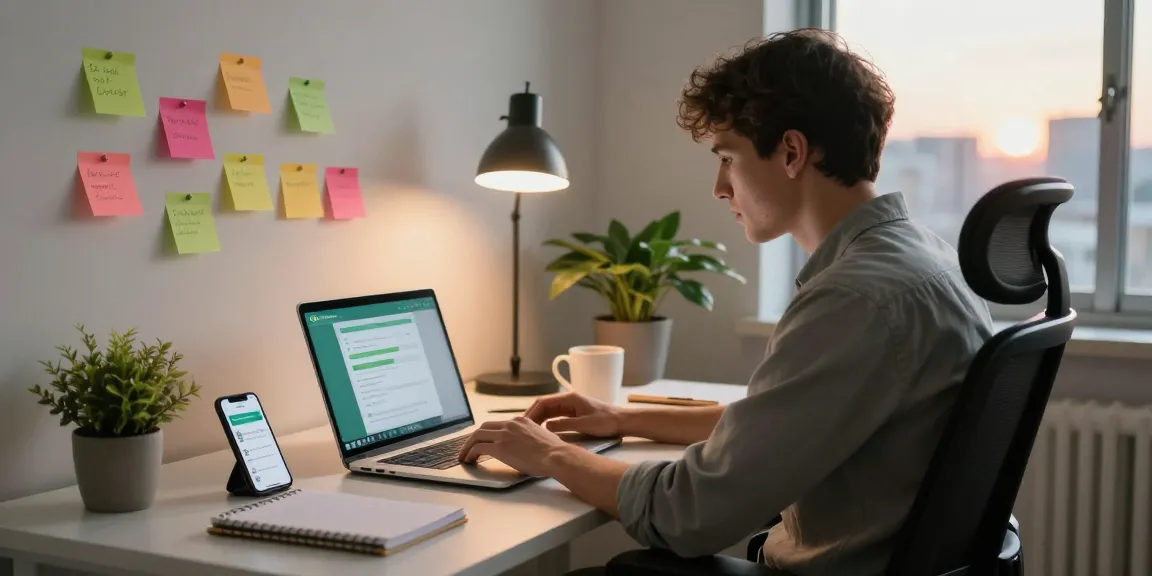 Professional using WhatsApp電腦版 on laptop in a modern home office.
