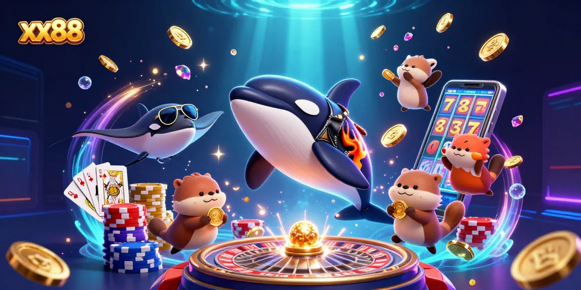 xx88 seaside casino theme with orca whale, stingray, and otters celebrating with golden coins