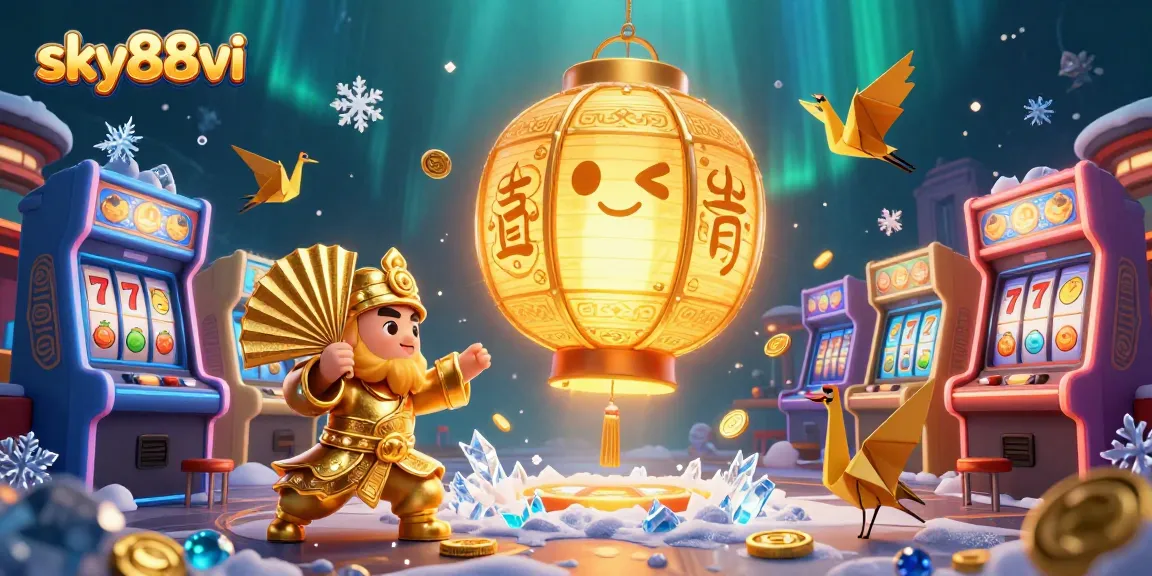 Engage with sky88vi's vibrant casino scene featuring a golden lantern spirit amidst slot games.