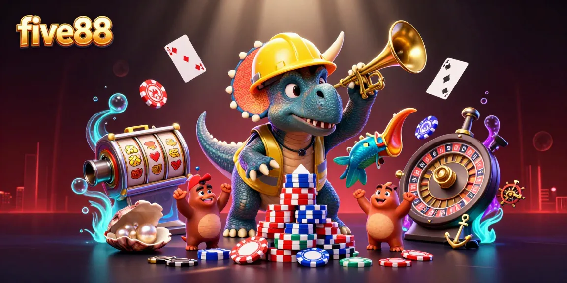 Engage in thrilling gameplay at five88 with a vibrant casino scene featuring poker chips and charismatic characters.