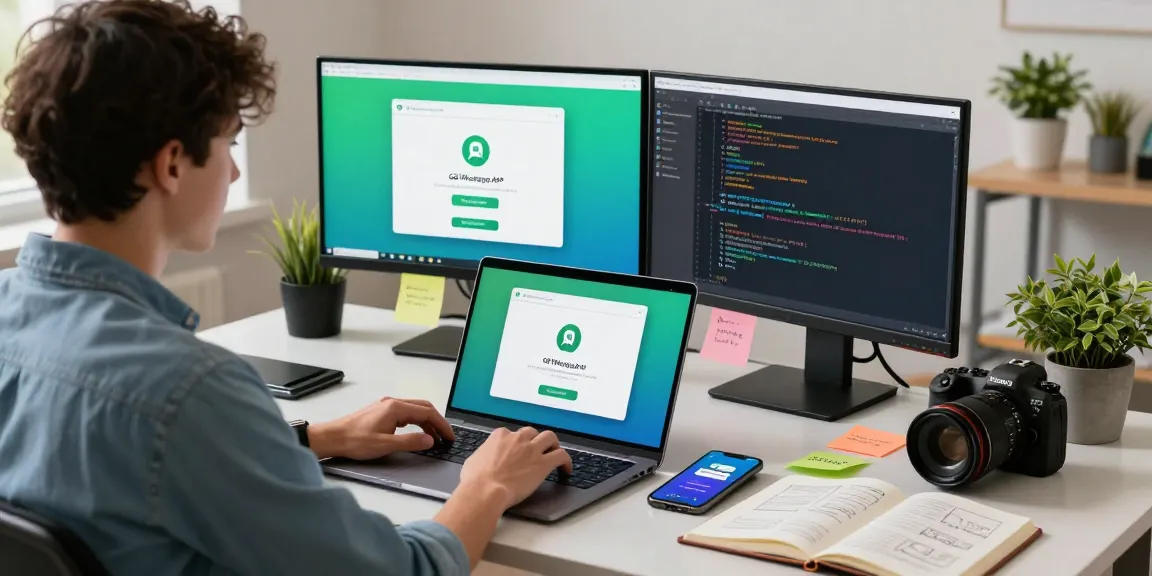 Downloading GB WhatsApp APK in a modern workspace with dual monitors and laptop.