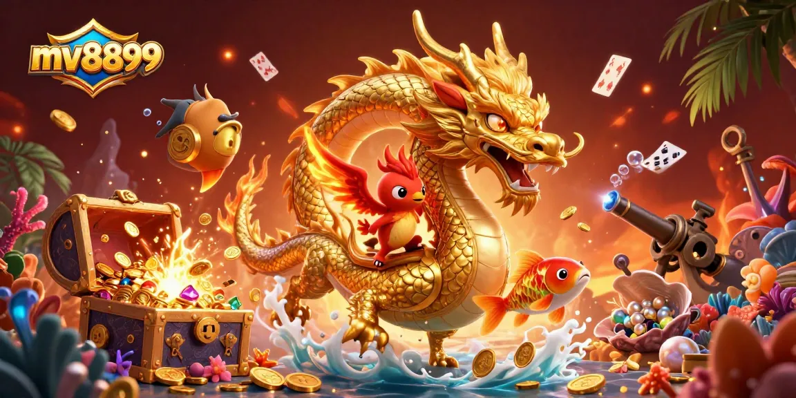 Experience mv8899's vibrant casino adventure featuring a golden dragon and flashy game elements.