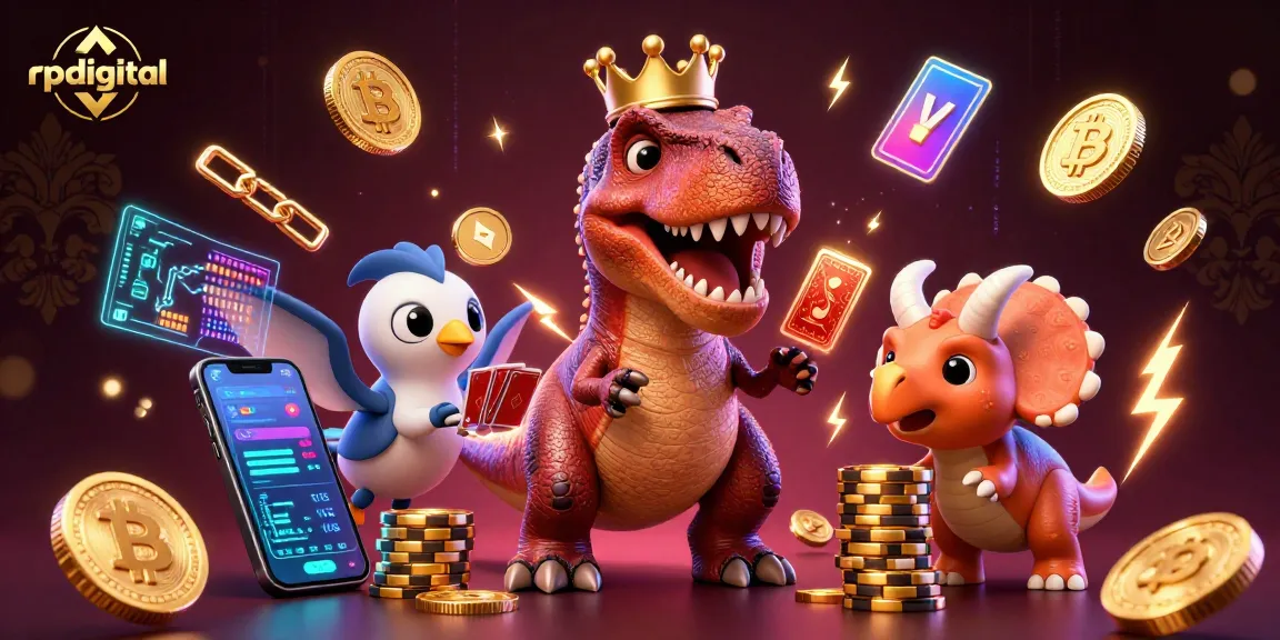 Engage with rpdigital's animated scene of dinosaurs playing cards while amidst crypto coins and casino elements.