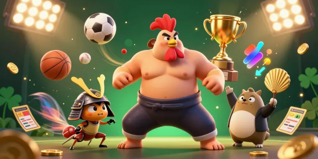 Bet on crimpingtools: A sumo rooster, cricket, and tanuki celebrate sports betting triumphs together.