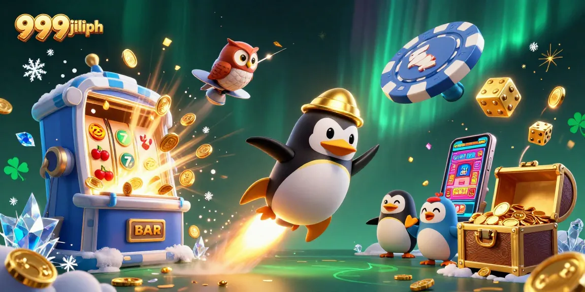 The golden penguin of 999jiliph zooming toward a casino station amidst flying slot machine symbols and coins