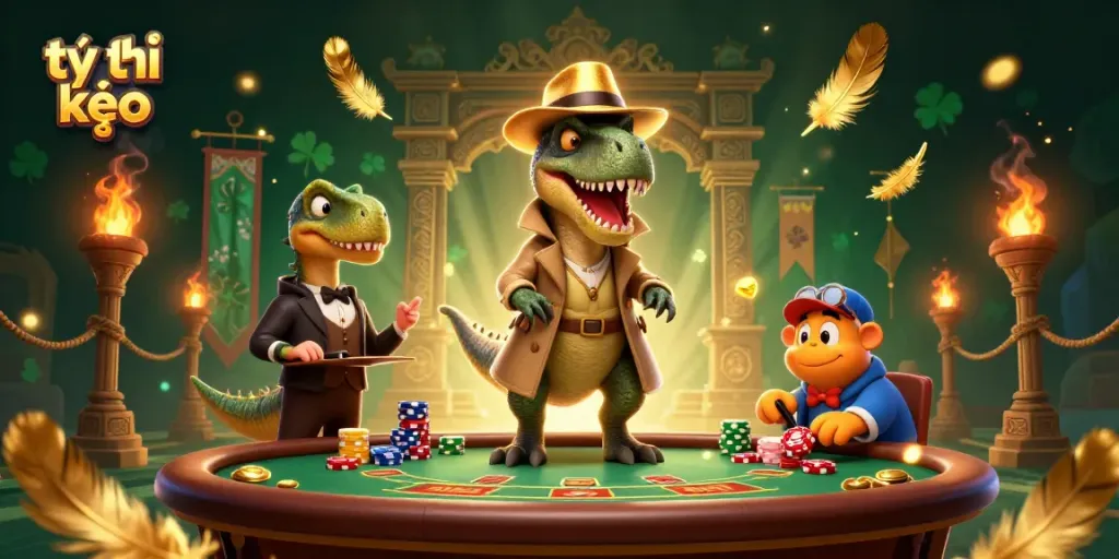 Engage in thrilling tỷ lệ kèo action with a velociraptor card counter at a casino, surrounded by vibrant gold coins.