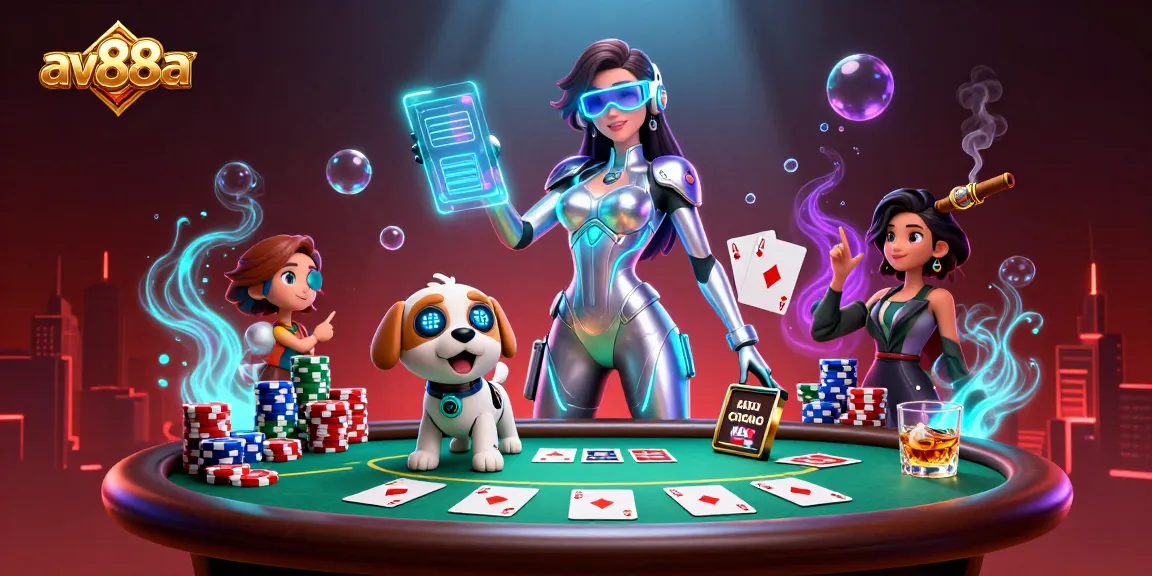 Experience the excitement of av88a at a vibrant casino scene with poker elements and stunning graphics.