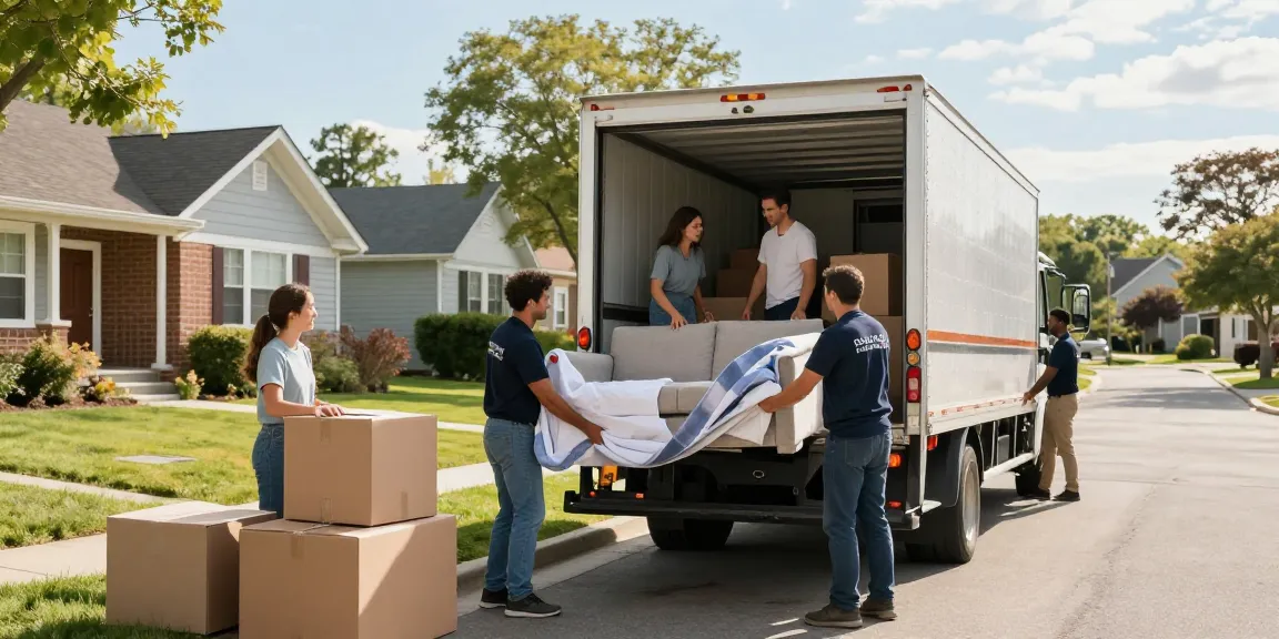 Chicago moving company professionals efficiently loading furniture into a moving truck on a sunny suburban street.