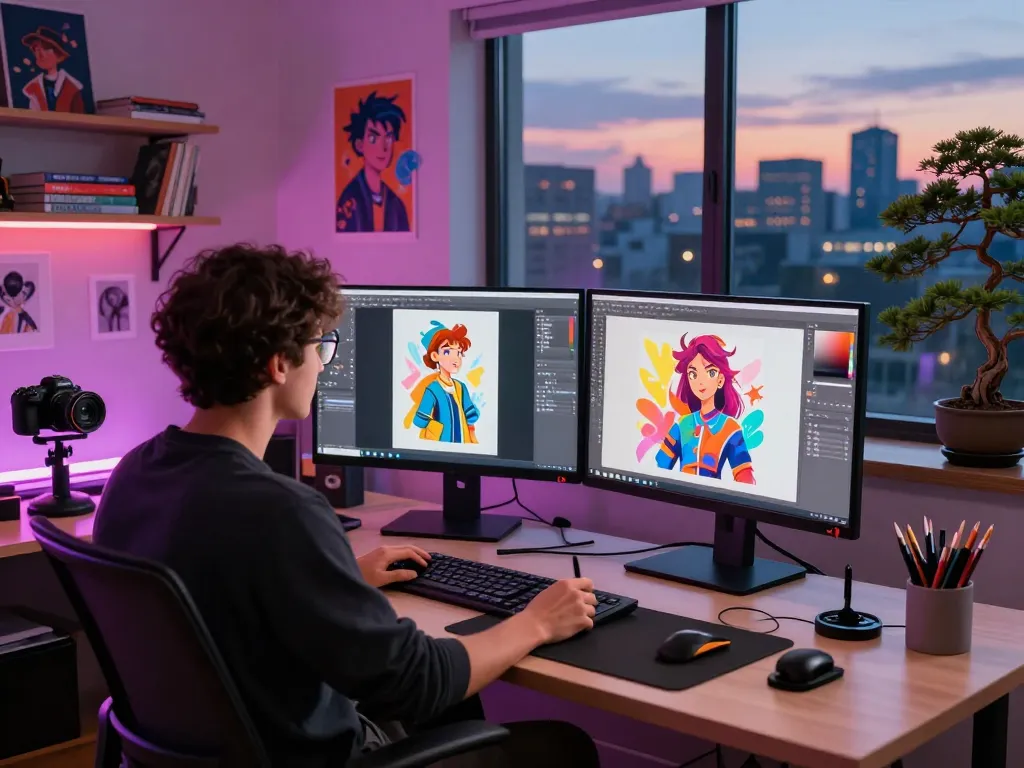 Creating ai nsfw character designs in a vibrant digital art studio, artist at workstation with colorful designs and ambient lighting.