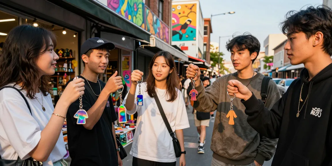 Engaged friends showcasing custom keychains in vibrant urban setting.