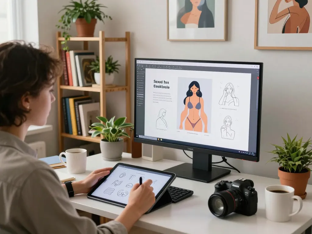 Digital artist focusing on sex AI illustrations in a modern studio