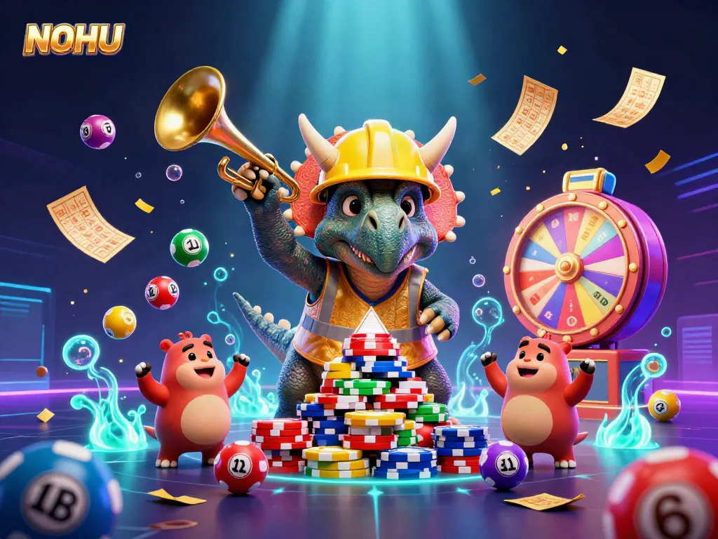 Experience NOHU's vibrant casino scene with a triceratops building poker chips amidst colorful lottery elements.