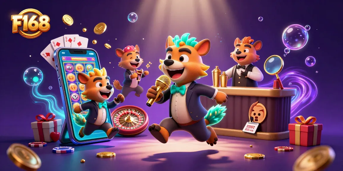 Experience F168's vibrant casino atmosphere with hyenas at the comedy club, slot games, and gaming excitement.