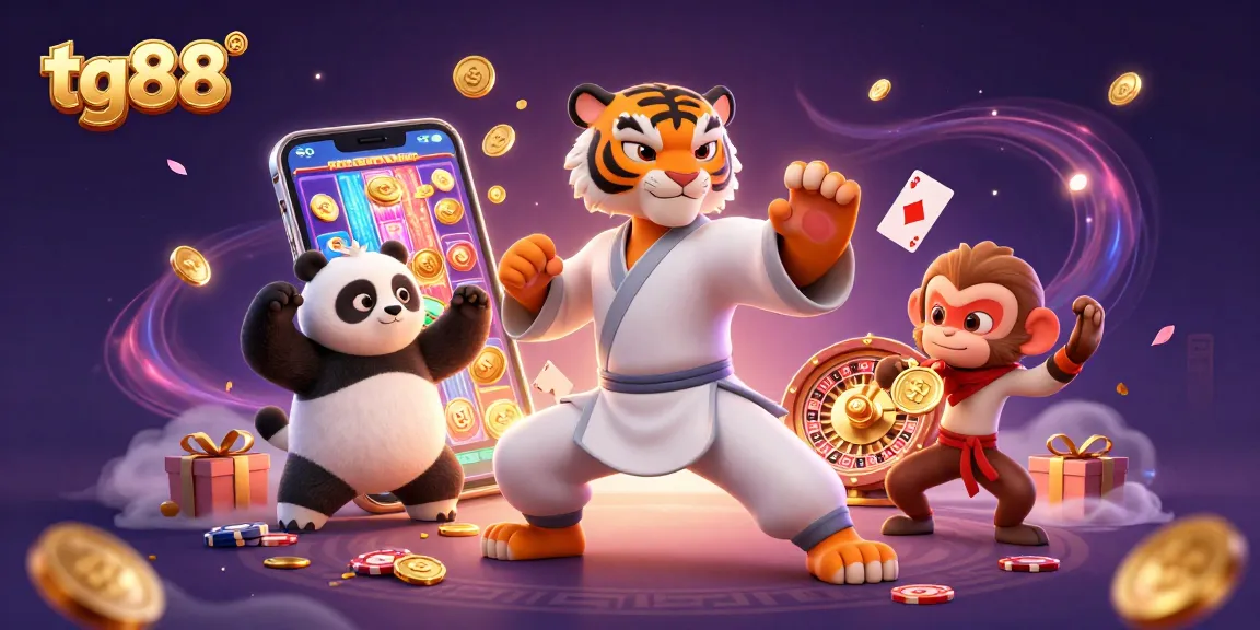 Experience the excitement at tg88 with a dynamic 3D casino scene featuring playful characters and colorful slot games.