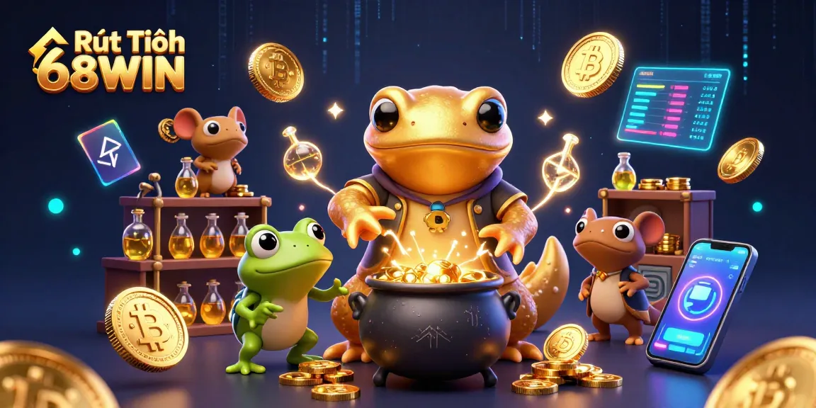 Experience Rút Tiền 68WIN dynamically with vibrant visuals showcasing gold conversion, crypto elements, and lively characters.