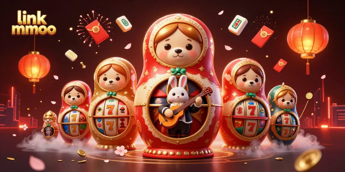 Link mmoo showcases a fun casino scene with Matryoshka bears and vibrant game elements.