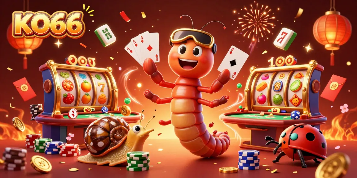Engage with KO66's vibrant casino scene featuring a playful millipede dealer and festive elements.