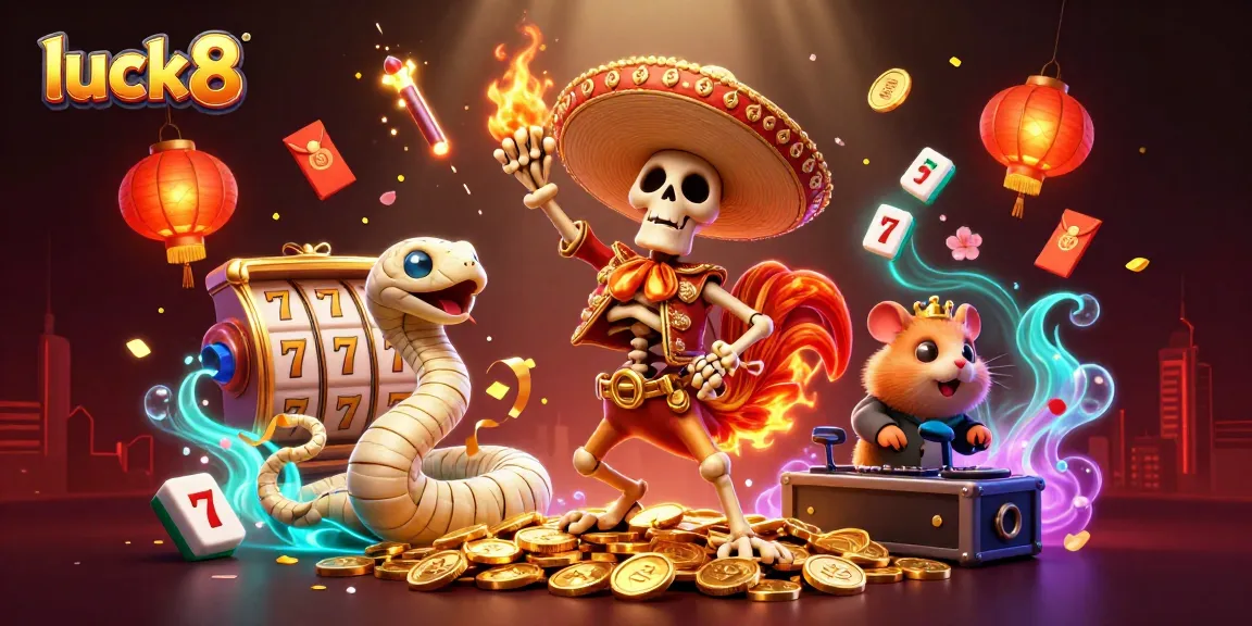 Experience winning at luck8 with vibrant 3D characters celebrating on golden coins in a festive casino atmosphere.