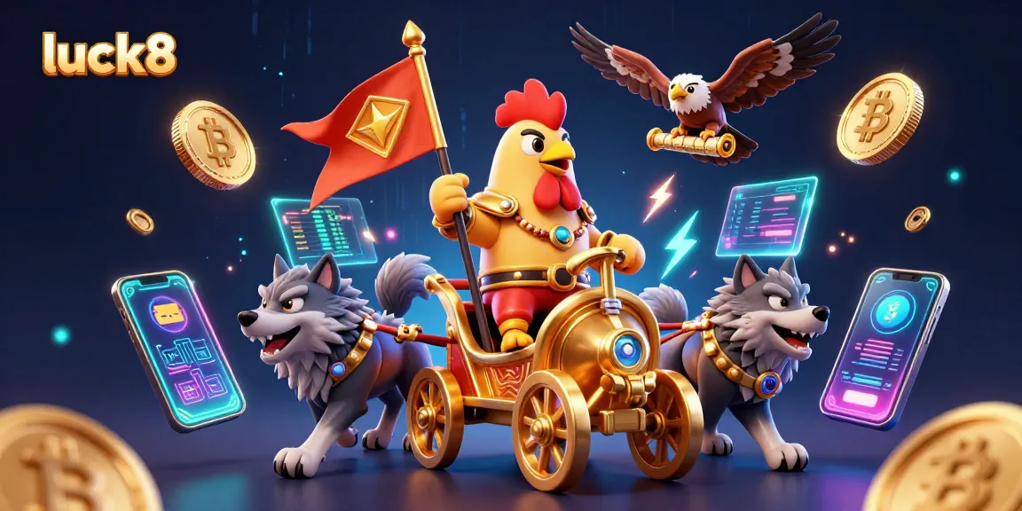 Win big at luck8 casino with a 3D rooster warlord and crypto coins in a dazzling illustration.