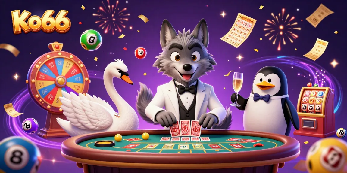 Join the excitement at Ko66 casino with cheerful characters and vibrant game elements in a lively scene.