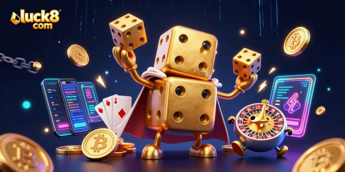 Engage with luck8 com's thrilling gaming action featuring gold dice and neon crypto elements in a vibrant 3D scene.