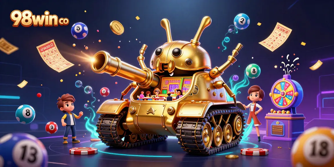 Engage with 98win co in an entertaining, vibrant casino-themed scene filled with lottery balls and prizes.