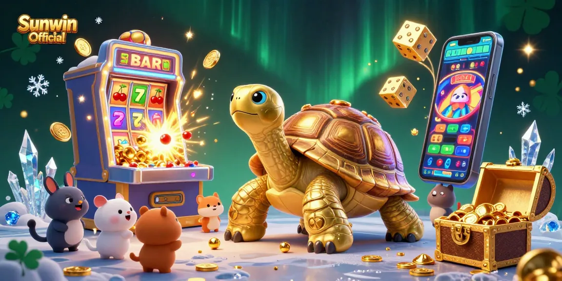 Experience thrilling jackpots at Sunwin Official with a vibrant 3D casino illustration full of excitement.