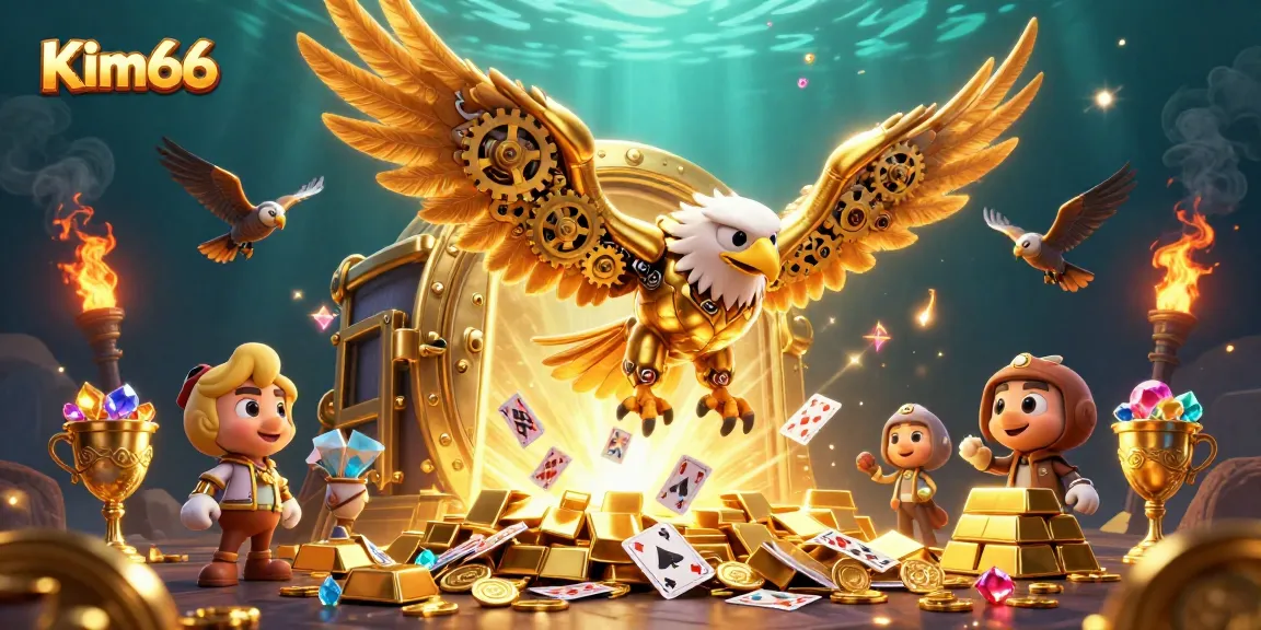 Experience the thrilling world of Kim66 with a cybernetic eagle diving amidst holographic cards and treasures.