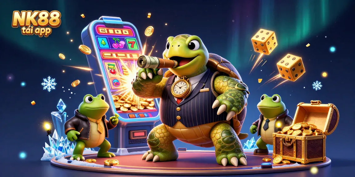 Experience the thrill of NK88 tải app with a playful scene featuring a turtle in a mobster suit surrounded by casino elements.