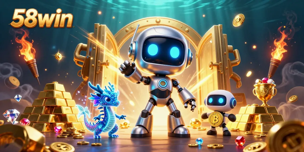 Experience the thrill of 58win with a cyberpunk robot mascot amid treasure and casino game elements.