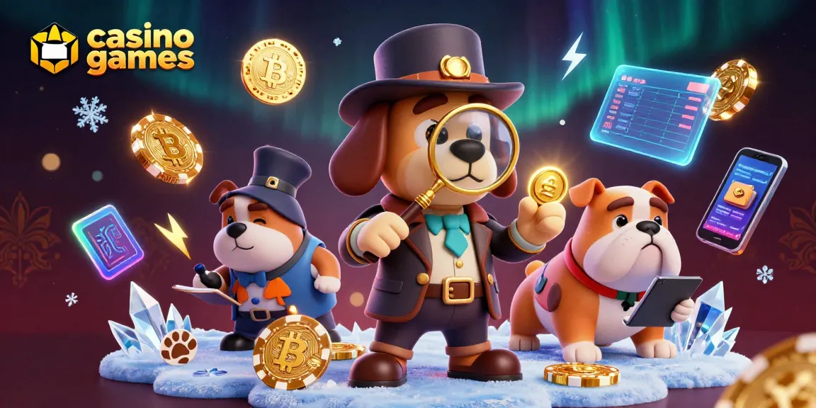 Exciting casino games scene with a detective dog duo exploring clues, highlighting golden poker chips.