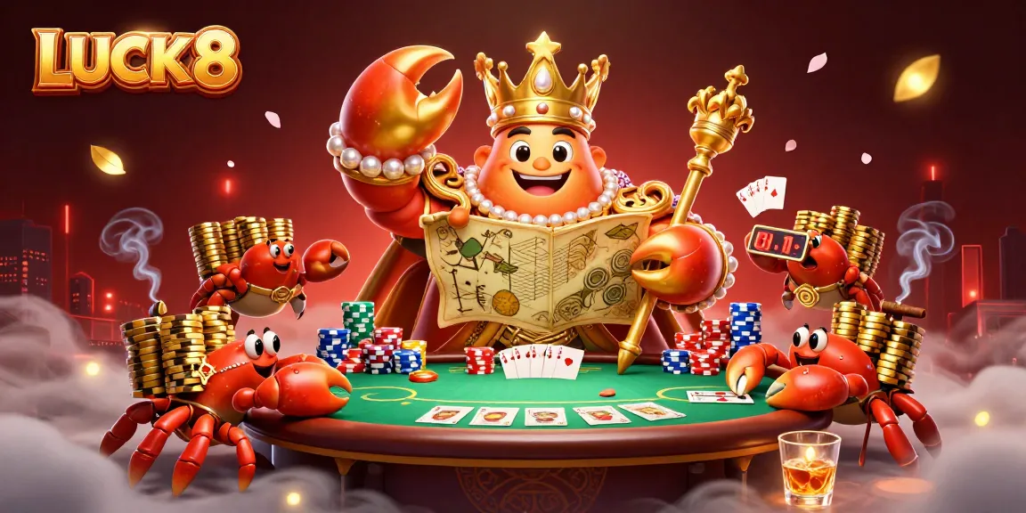 LUCK8 showcases a vibrant 3D illustration with a golden crab emperor in a bustling gaming scene.