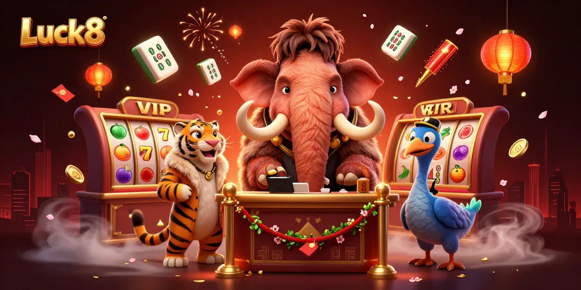 Luck8 gaming scene with a woolly mammoth bouncer, tiger guest, and vibrant slot elements.