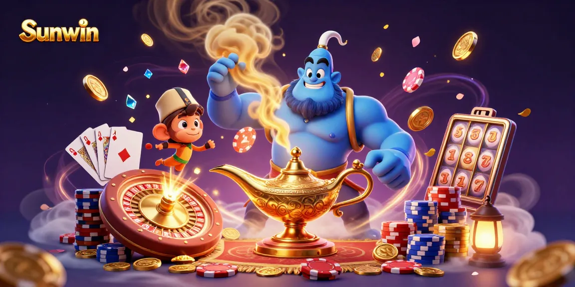 Win big at Sunwin with vibrant 3D casino characters and dynamic gameplay elements in an exciting illustration.