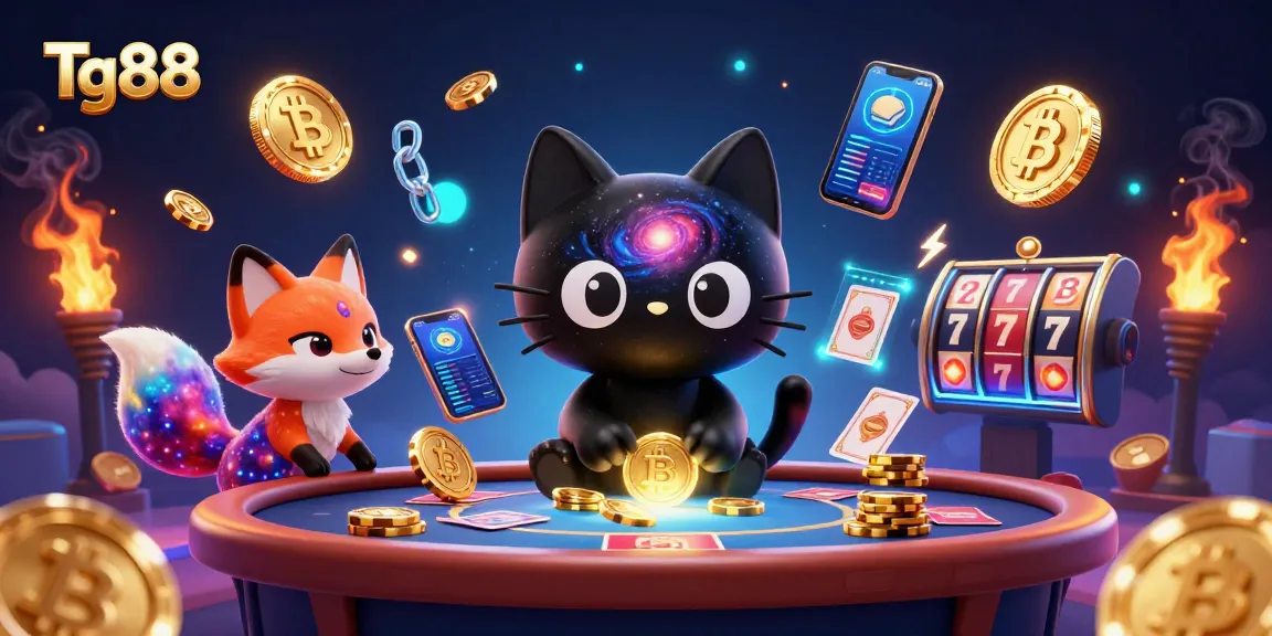 Tg88 offers a vibrant casino experience with dynamic characters pulling in chips and cards.