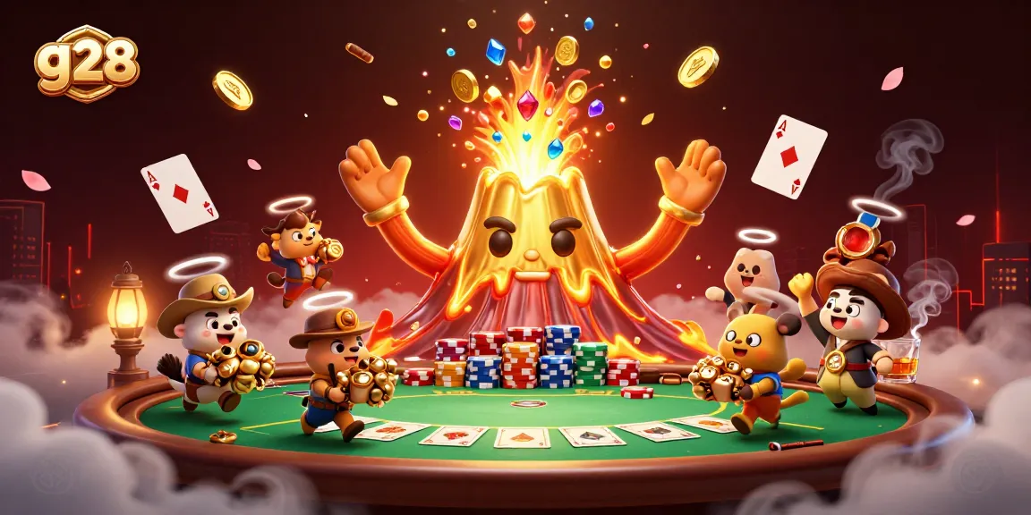 g28 promotes exciting gaming experiences with a golden volcano erupting treasure and vibrant poker elements.