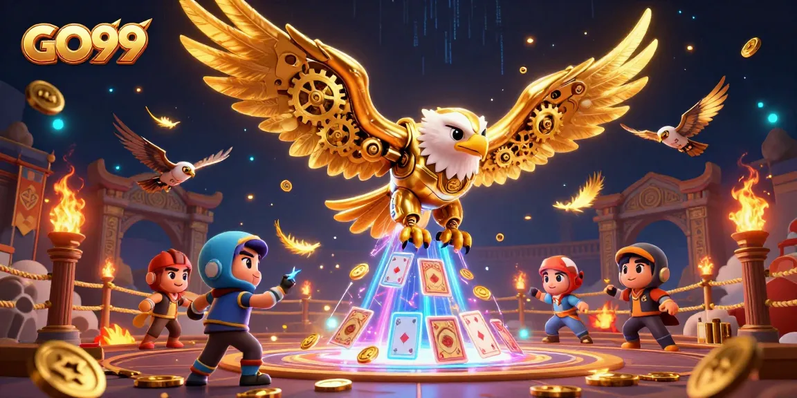 Engage with GO99 casino games as a cybernetic eagle dives through holographic cards.