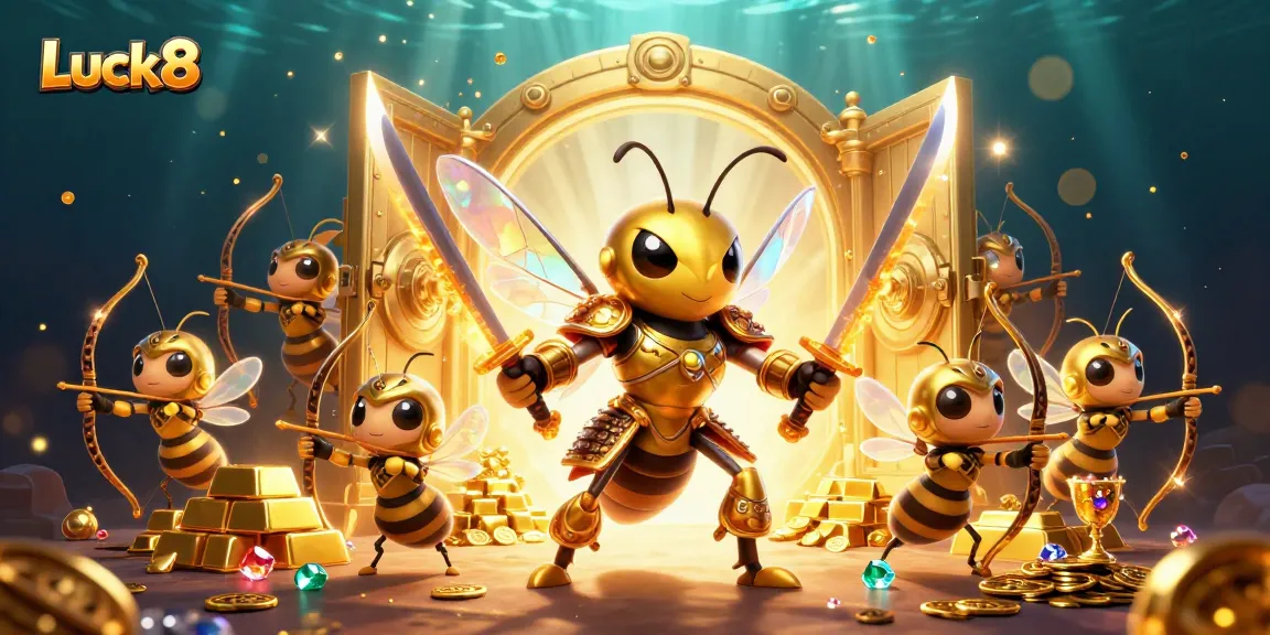 Luck8 presents a vibrant casino adventure with a golden hornet samurai and treasure, capturing the thrill of gaming.