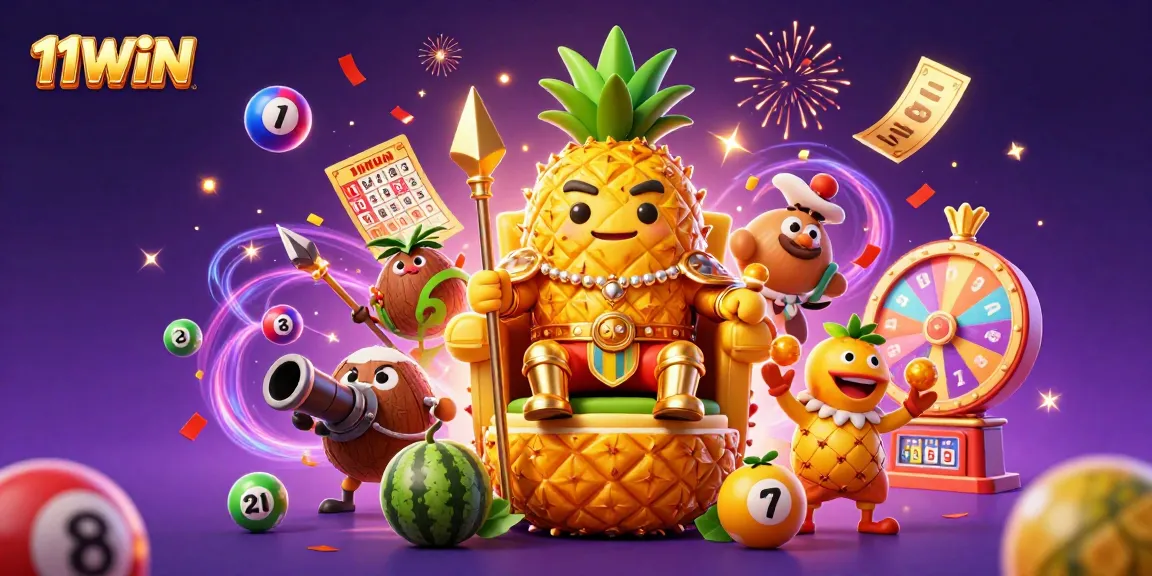 Engage with the thrilling world of 11WIN featuring a golden pineapple king amidst a vibrant beach casino.