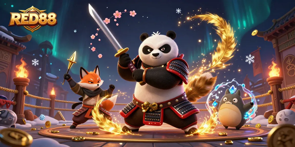 Engage with the thrilling energy of RED88 in this dynamic 3D casino scene featuring samurai and ninja.