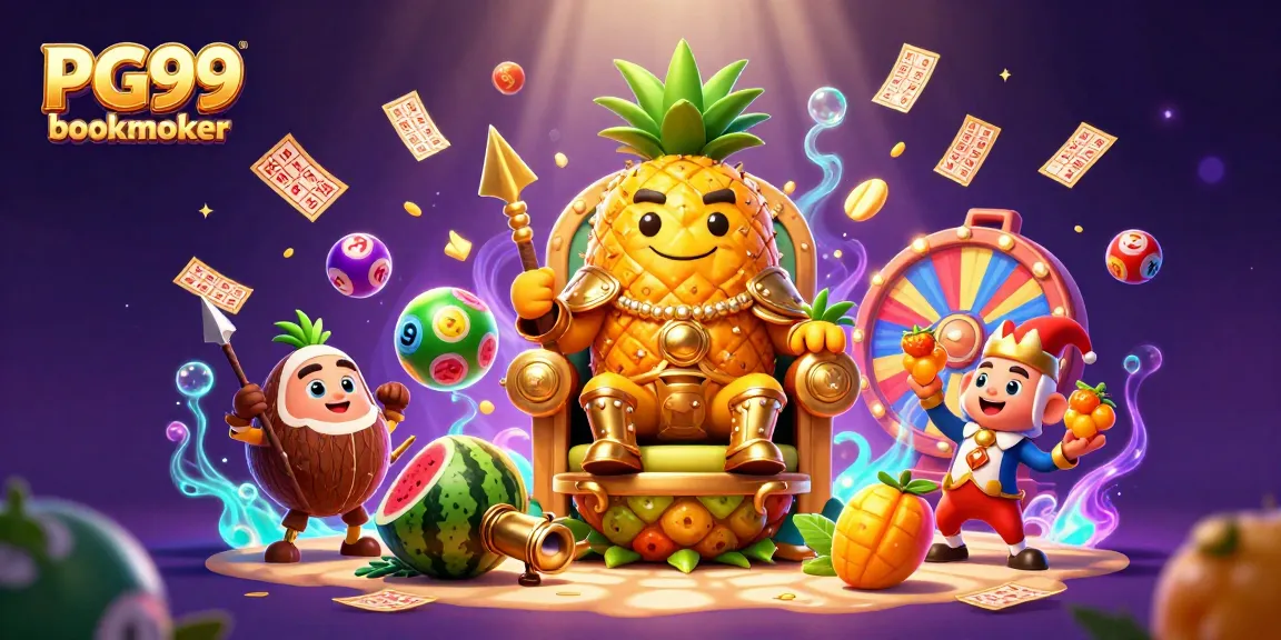 Engage with PG99 bookmaker on a vibrant beach casino scene featuring a golden pineapple king, lively lottery elements, and dynamic gameplay.