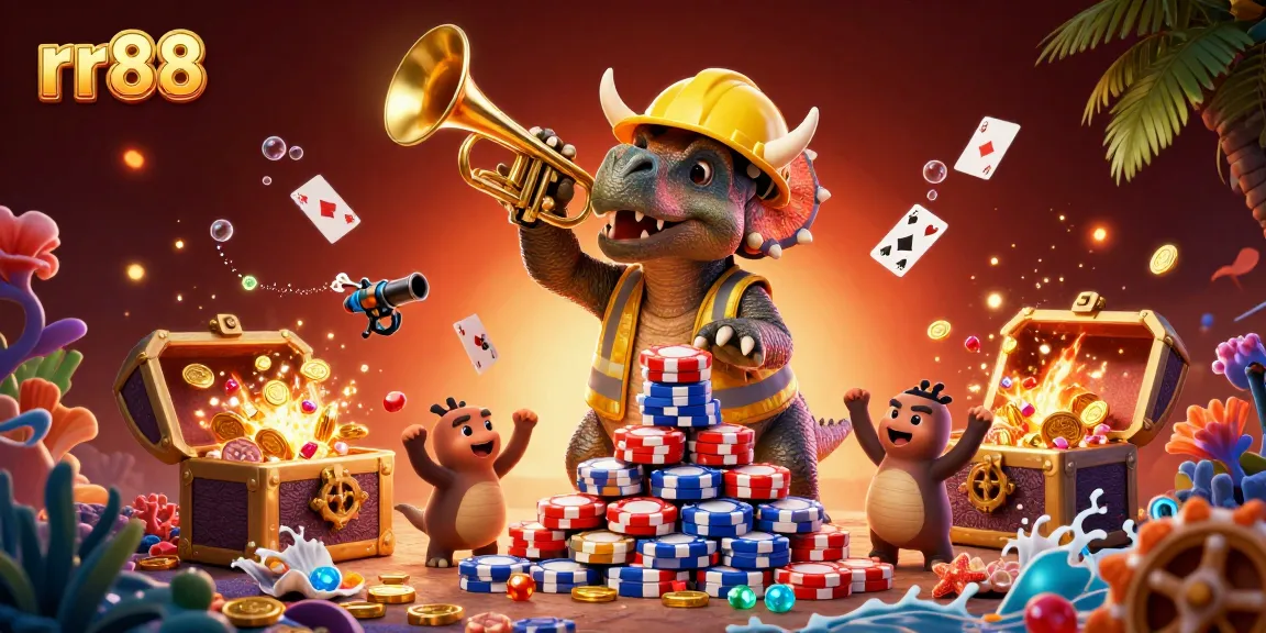 Experience thrilling gaming action with rr88's vibrant triceratops and parasaurolophus in a colorful casino scene.