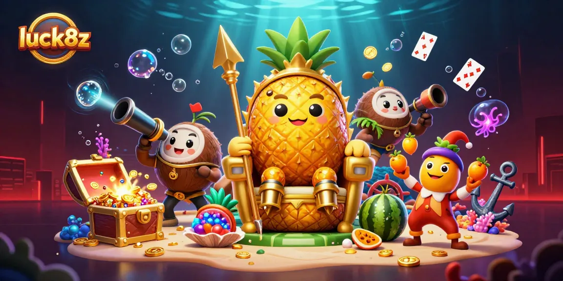 Experience the vibrant magic of luck8z at a beach casino, featuring a golden pineapple king and colorful game elements.
