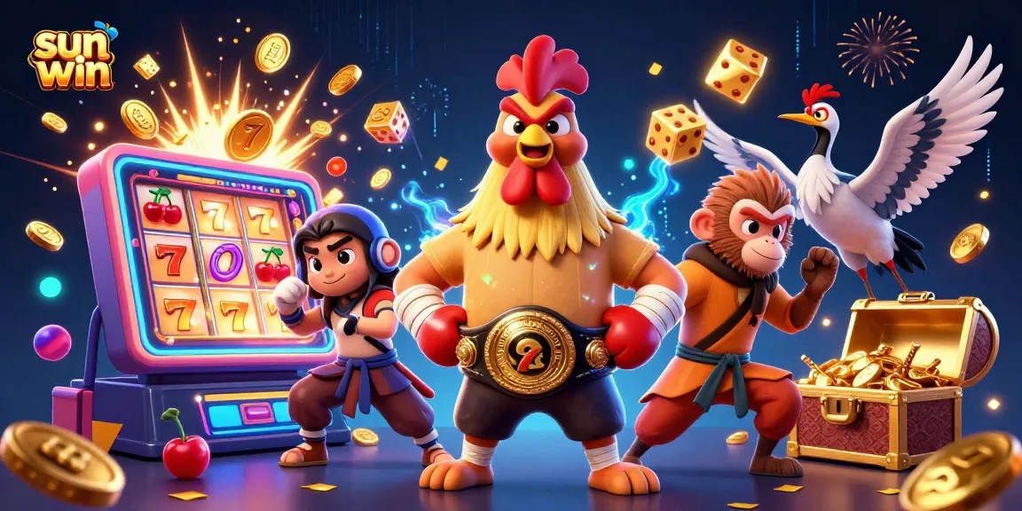 Join the sun win adventure with Muay Thai rooster and Shaolin monkey in a vibrant casino scene.