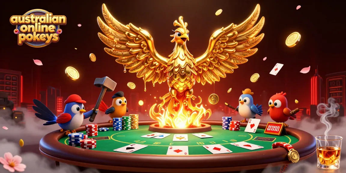 Experience the excitement of australian online pokies with a golden phoenix and vibrant poker elements.