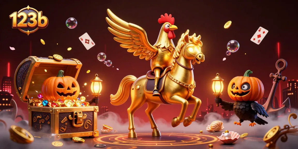 Experience excitement at 123b as golden rooster rides through a vibrant casino scene.